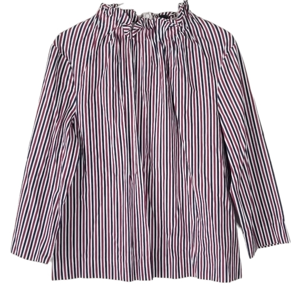 Halogen Red/Blue Pinstripe Gathered Collar Blouse 3/4 Sleeves Size 1 Careerwear